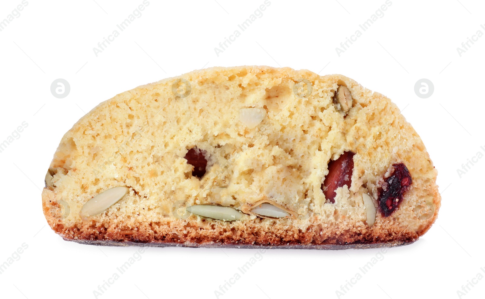 Photo of Slice of tasty cantucci with berry and pistachio isolated on white, top view. Traditional Italian almond biscuits