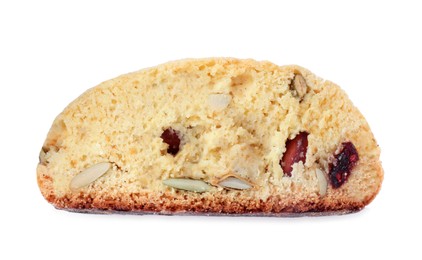 Photo of Slice of tasty cantucci with berry and pistachio isolated on white, top view. Traditional Italian almond biscuits