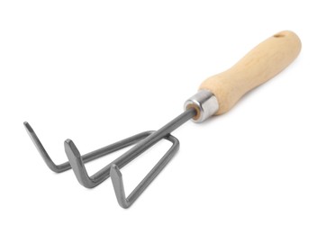 Photo of One rake isolated on white. Gardening tool