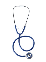 Photo of Stethoscope on white background, top view. Medical device