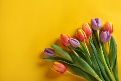 Photo of Many beautiful tulips on yellow background, flat lay. Space for text