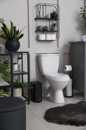 Photo of Stylish bathroom interior with toilet bowl and many beautiful houseplants