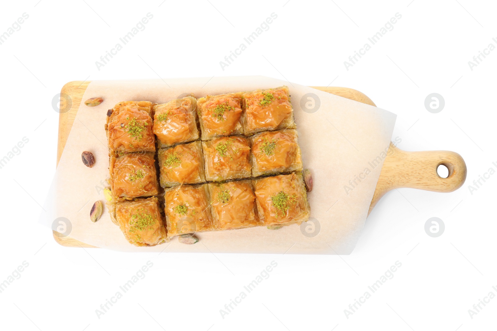 Photo of Delicious sweet baklava with pistachios isolated on white, top view