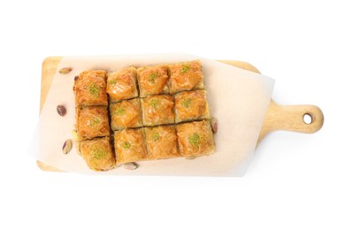 Photo of Delicious sweet baklava with pistachios isolated on white, top view