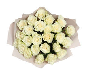 Photo of Luxury bouquet of fresh roses isolated on white, top view