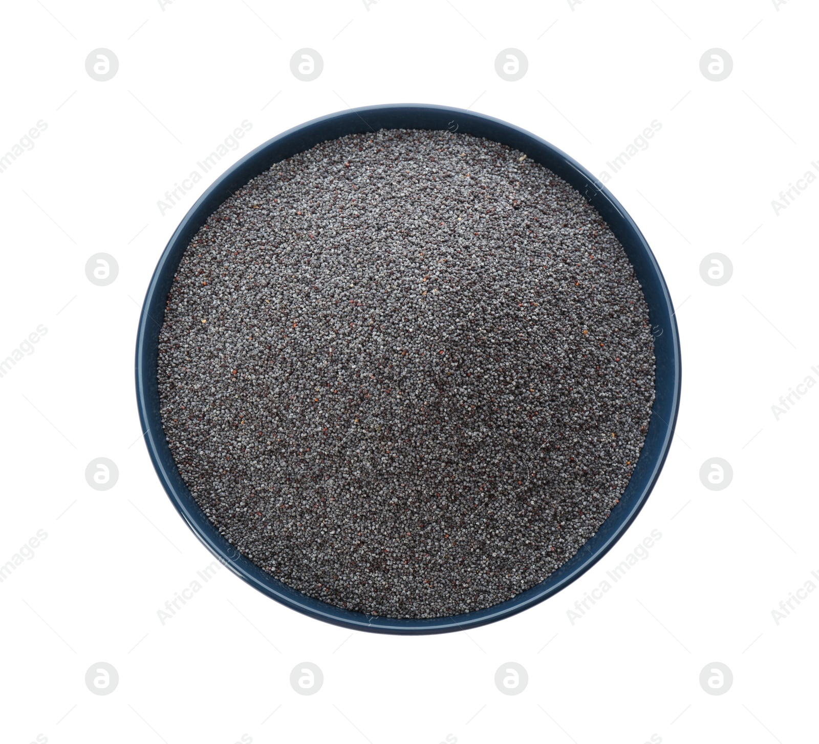 Photo of Poppy seeds in ceramic bowl isolated on white, top view