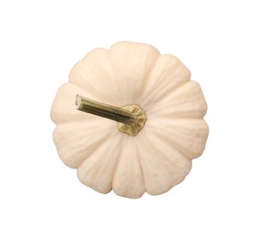 Photo of One ripe beige pumpkin isolated on white, top view