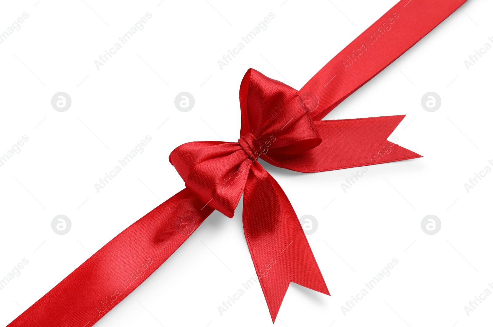 Photo of Red satin ribbon with bow isolated on white, top view