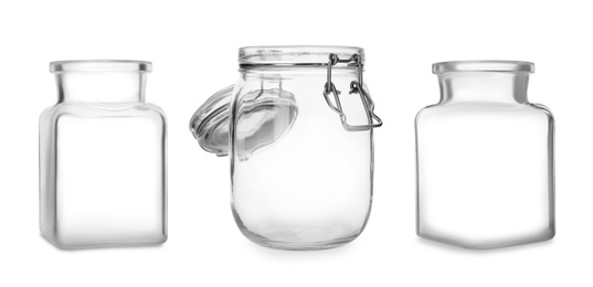 Set with open empty glass jars on white background