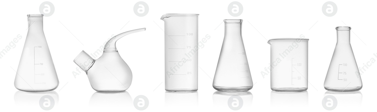 Image of Set of laboratory glassware on white background. Banner design