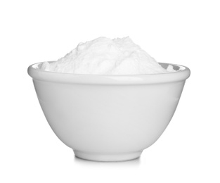 Photo of Bowl with baking soda on white background