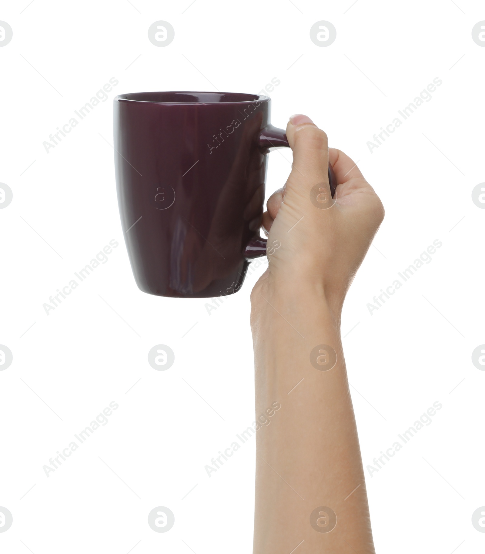 Photo of Woman holding elegant brown cup on white background, closeup