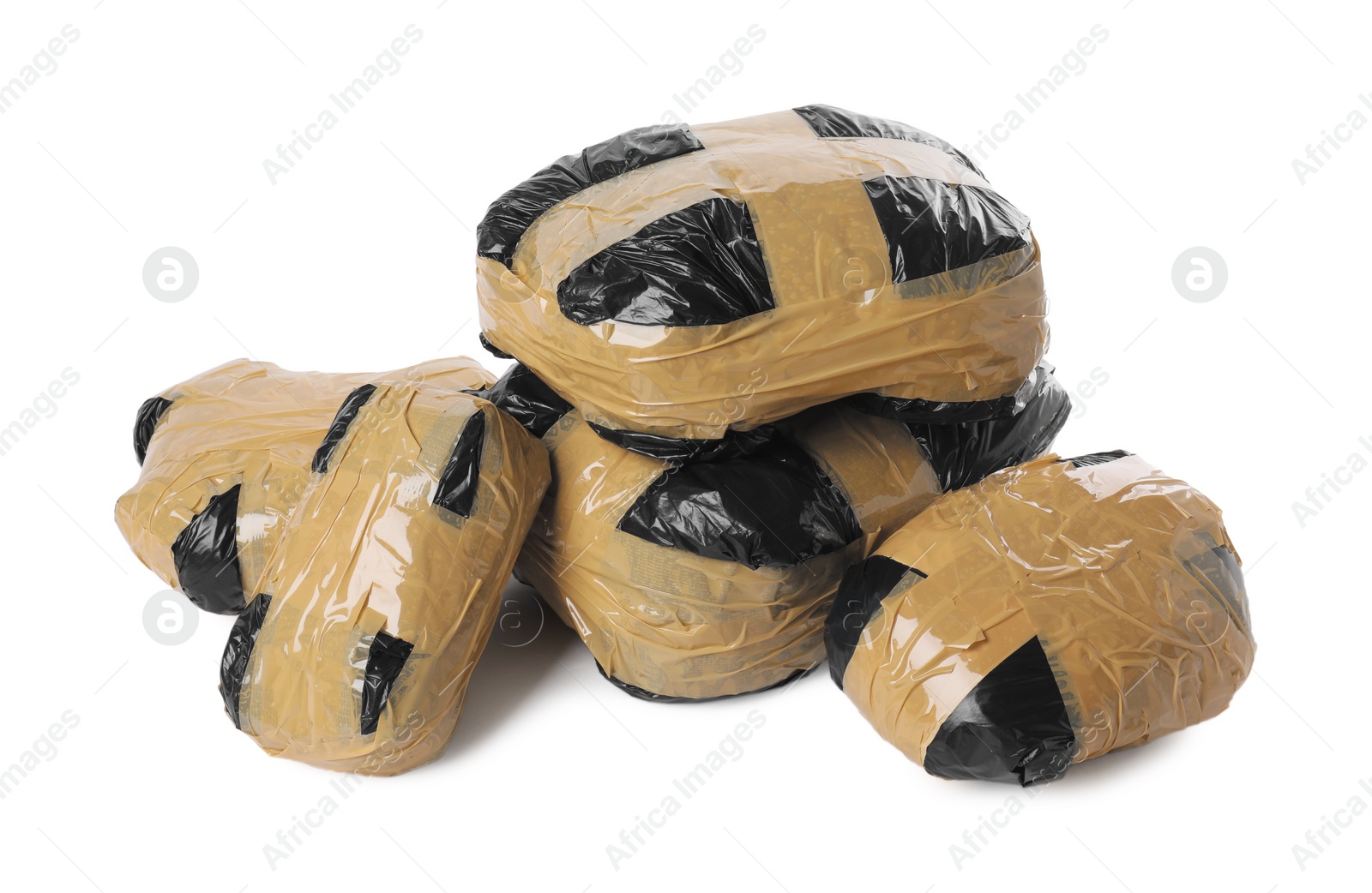 Photo of Packages with narcotics isolated on white. Drug addiction