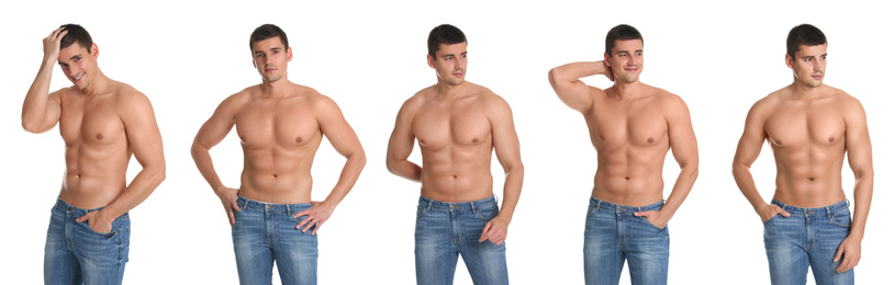 Collage of man with sexy body on white background. Banner design