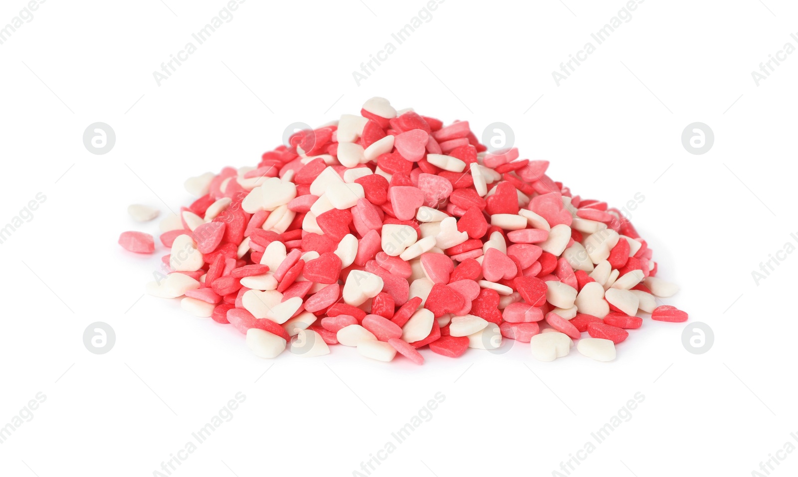 Photo of Pile of bright heart shaped sprinkles on white background