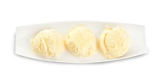Photo of Delicious banana ice cream isolated on white, top view