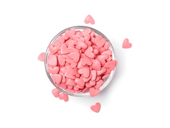 Photo of Sweet candy hearts in bowl on white background, top view