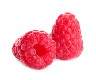 Photo of Delicious ripe sweet raspberries isolated on white