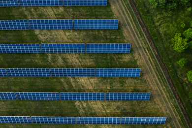 Image of Solar panels installed outdoors, top view. Alternative energy source