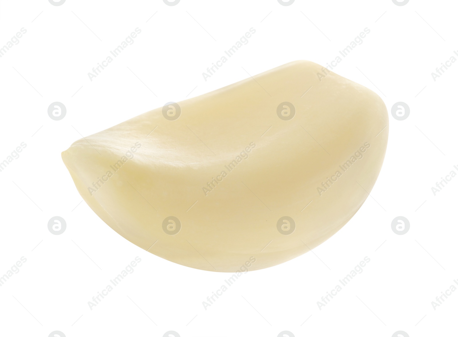 Photo of One peeled clove of garlic isolated on white