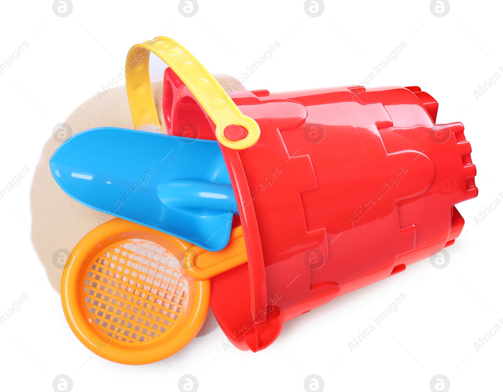 Photo of Plastic toy set with shovel on white background, top view