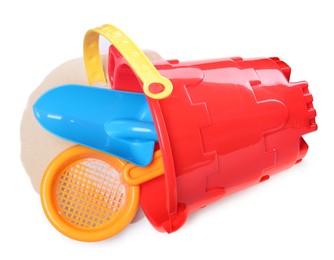 Photo of Plastic toy set with shovel on white background, top view