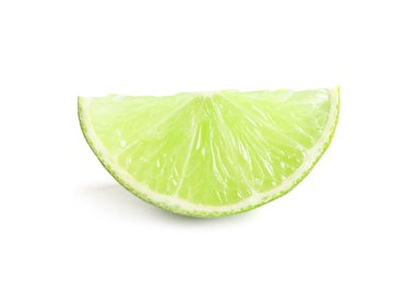 Slice of fresh ripe lime on white background