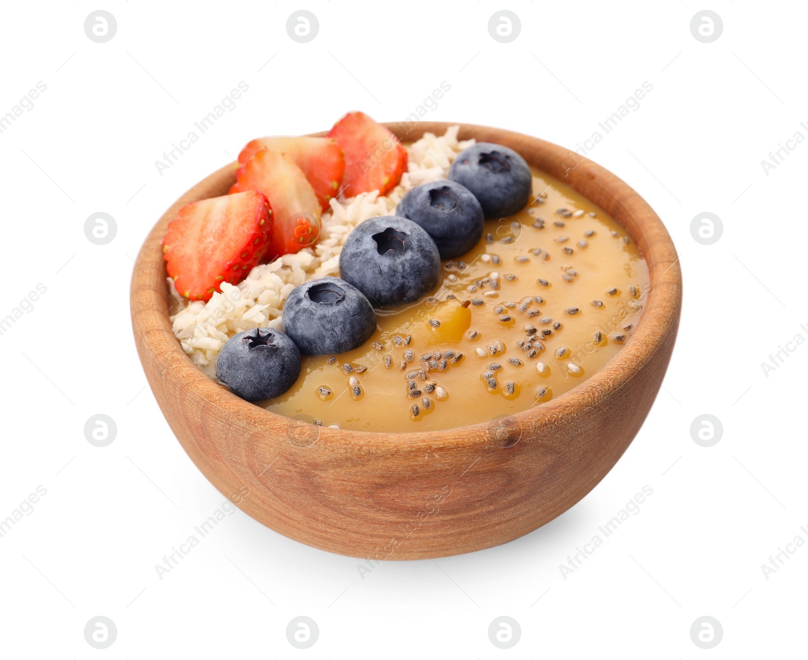 Photo of Delicious smoothie bowl with fresh berries, chia seeds and coconut flakes on white background