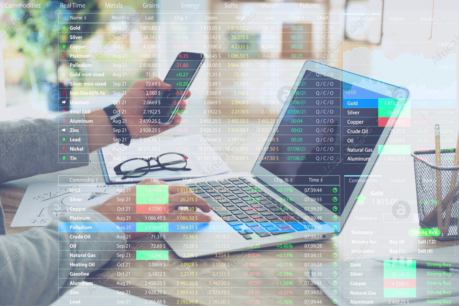 Image of Stock exchange. Man using laptop at table and illustration of rating graph