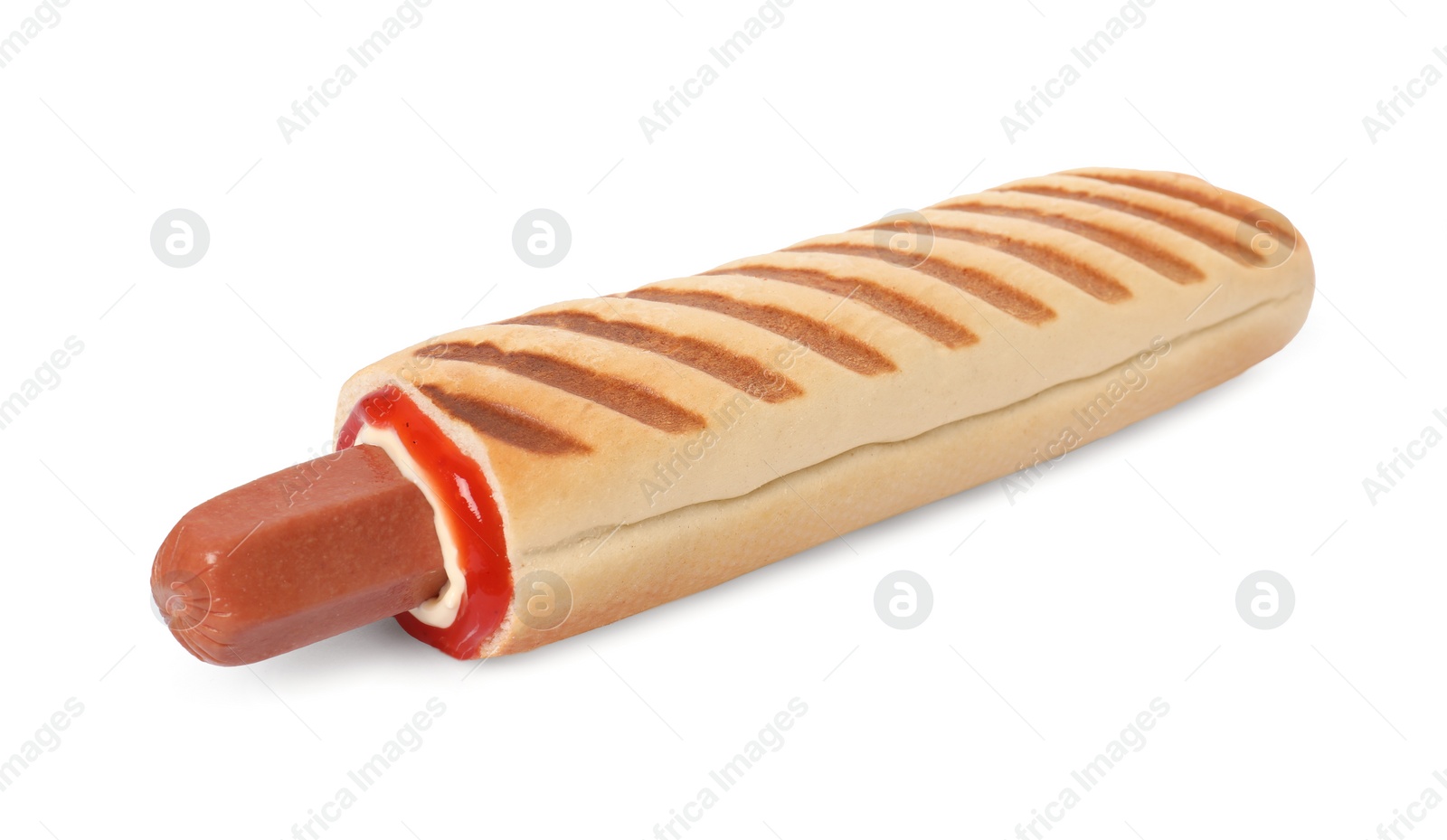 Photo of Tasty french hot dog with sauce isolated on white