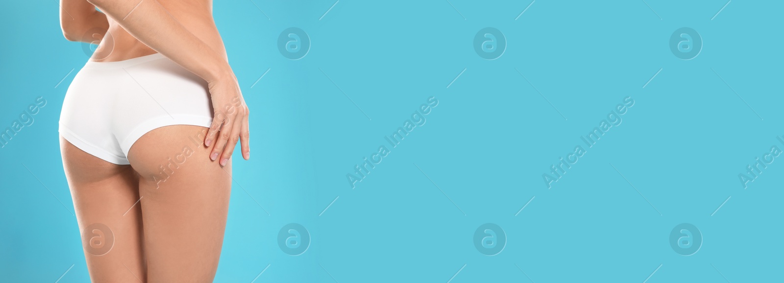 Image of Closeup view of young woman with slim body on color background, space for text. Banner design