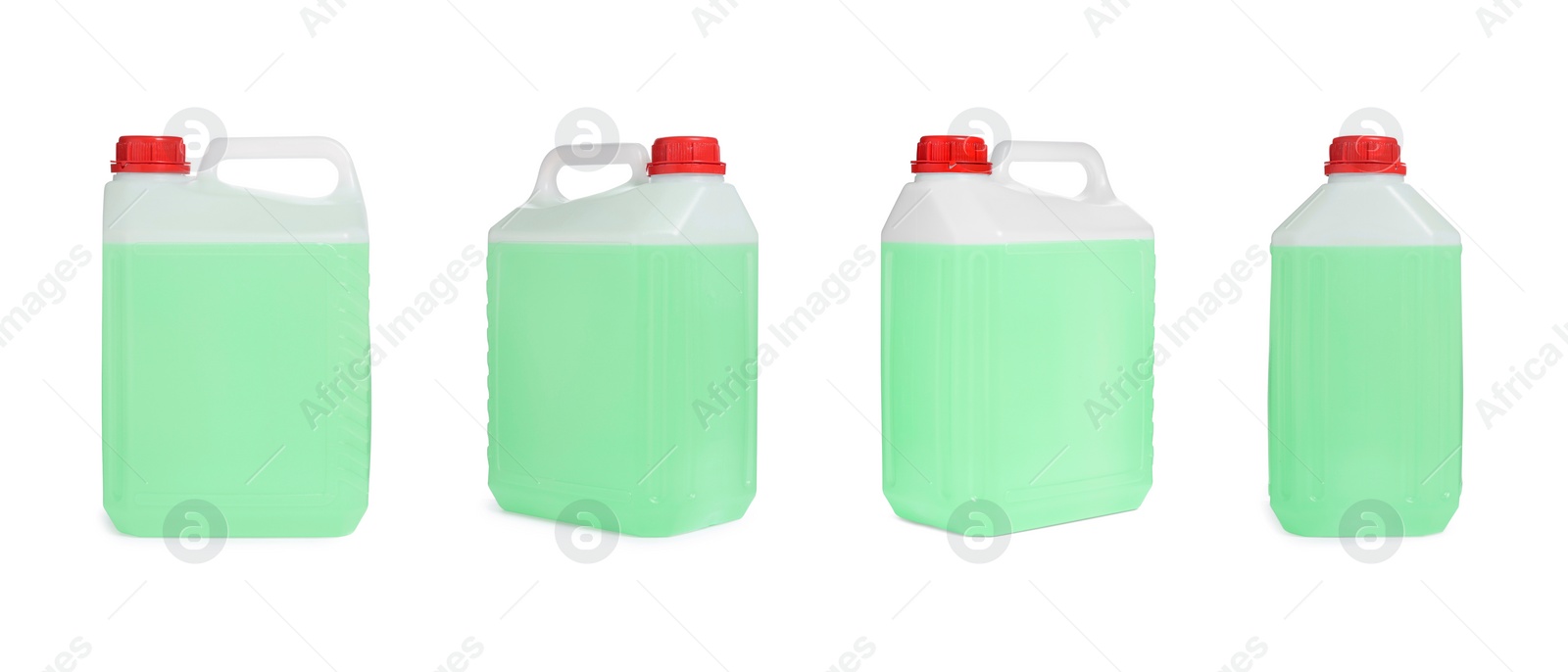 Image of Plastic canister with light green liquid on white background, different sides