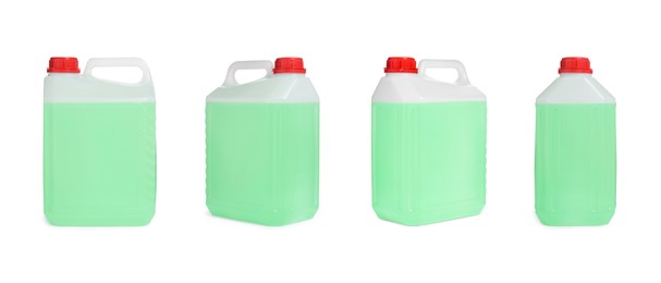 Image of Plastic canister with light green liquid on white background, different sides