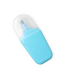 Photo of One light blue marker on white background, top view