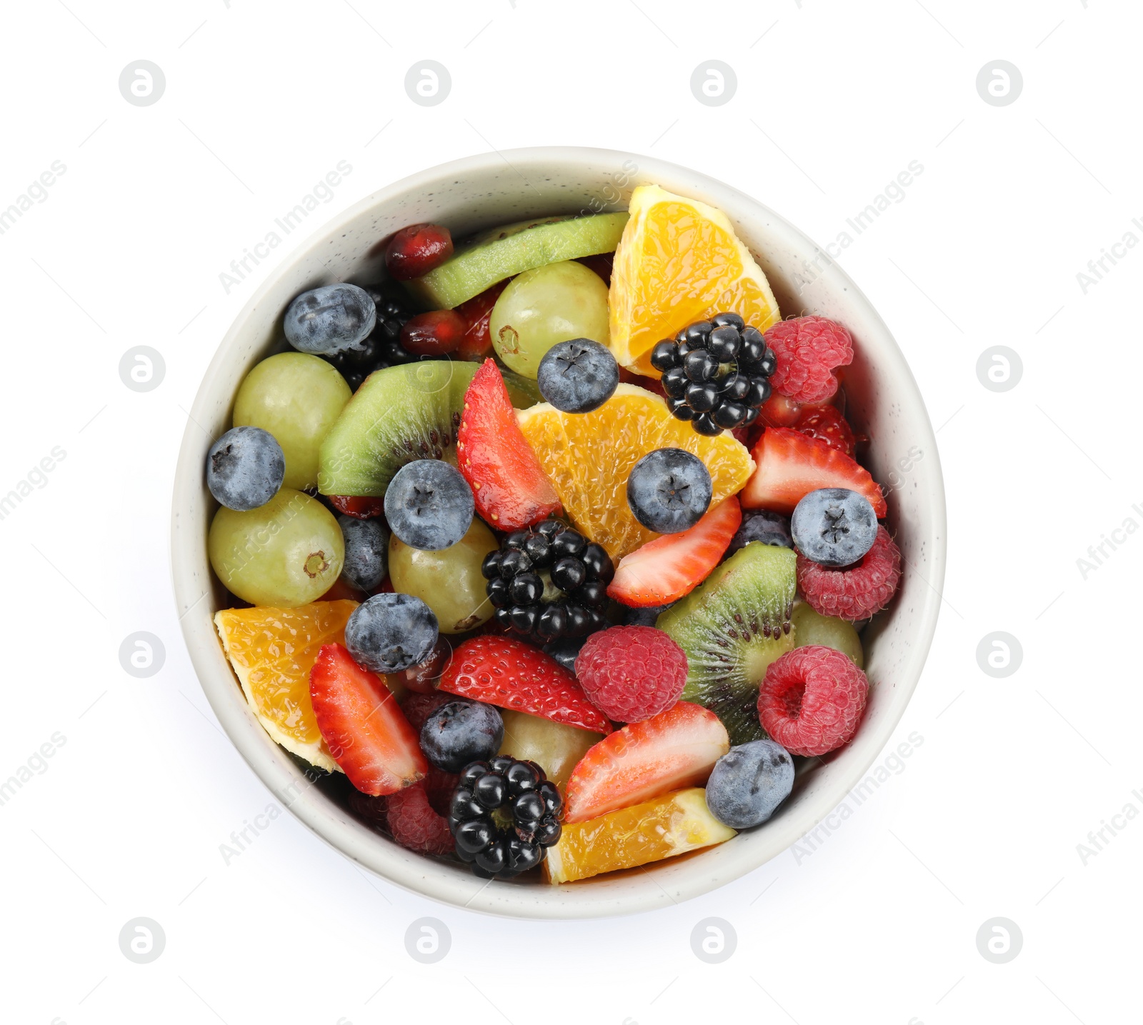 Photo of Fresh tasty fruit salad on white background, top view