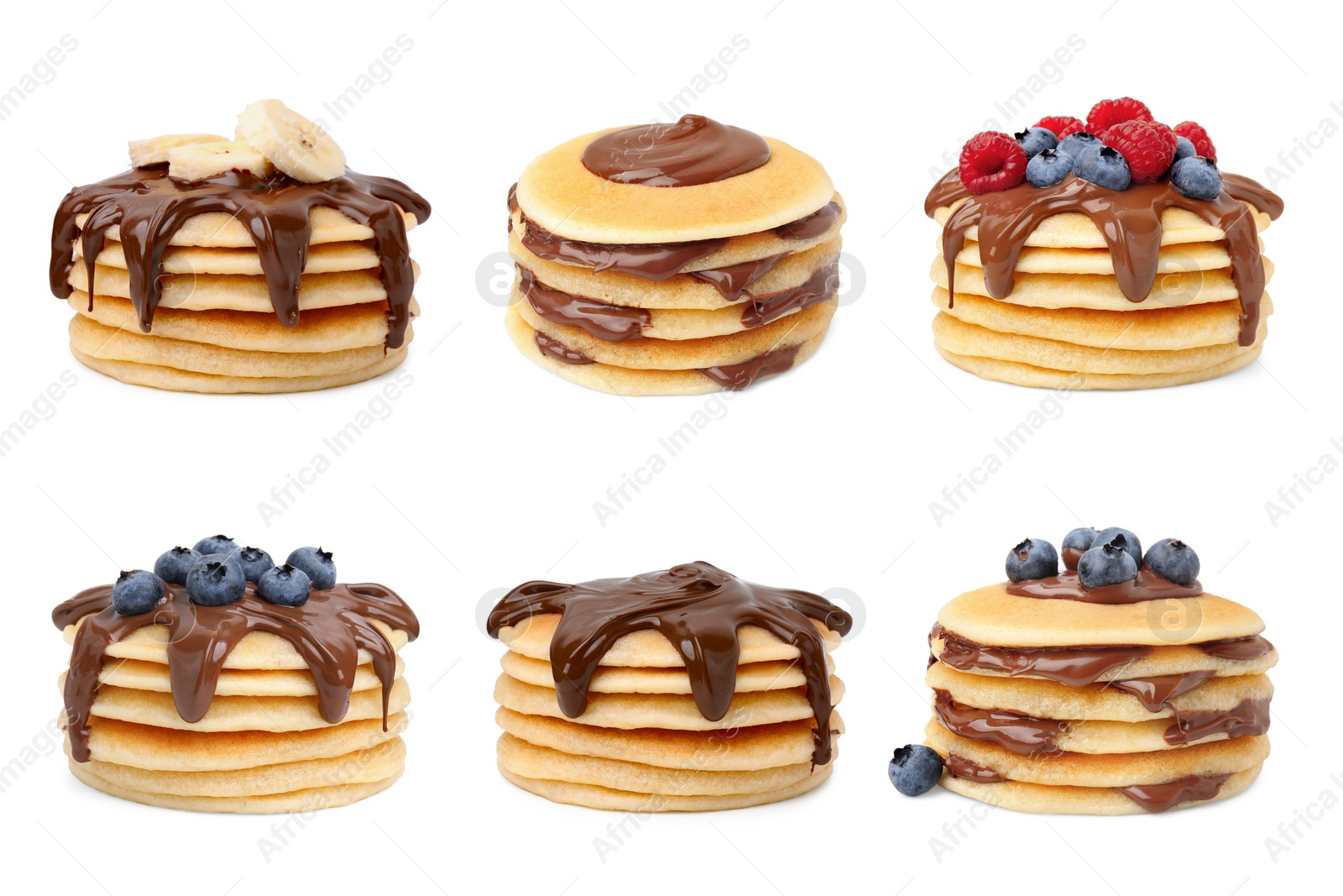 Image of Set of tasty pancakes with toppings isolated on white