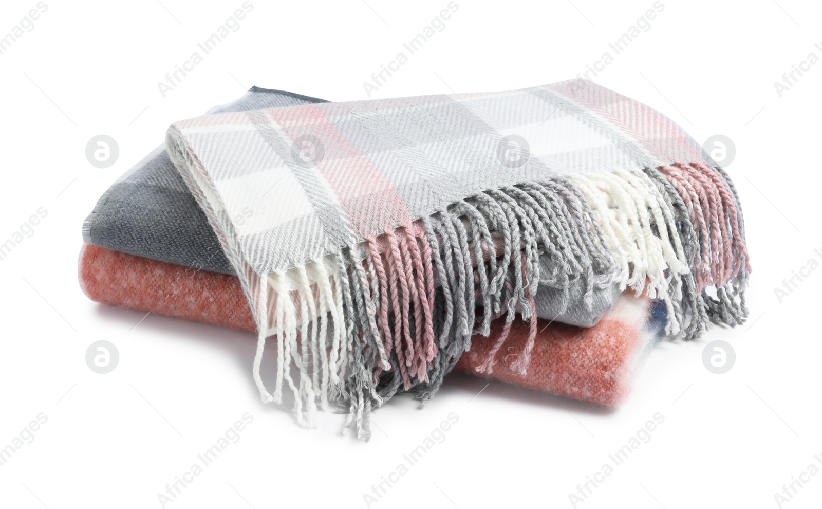 Photo of Three beautiful stylish scarfs on white background