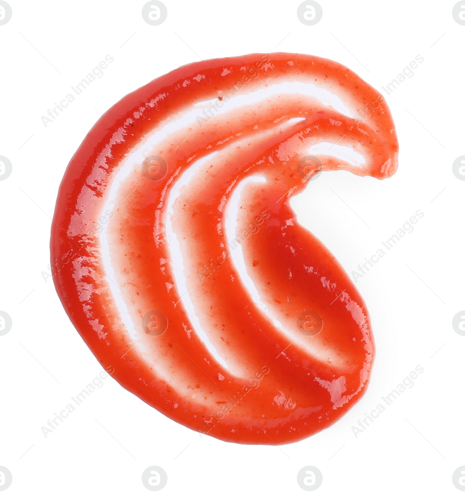 Photo of Tasty ketchup isolated on white, top view. Tomato sauce