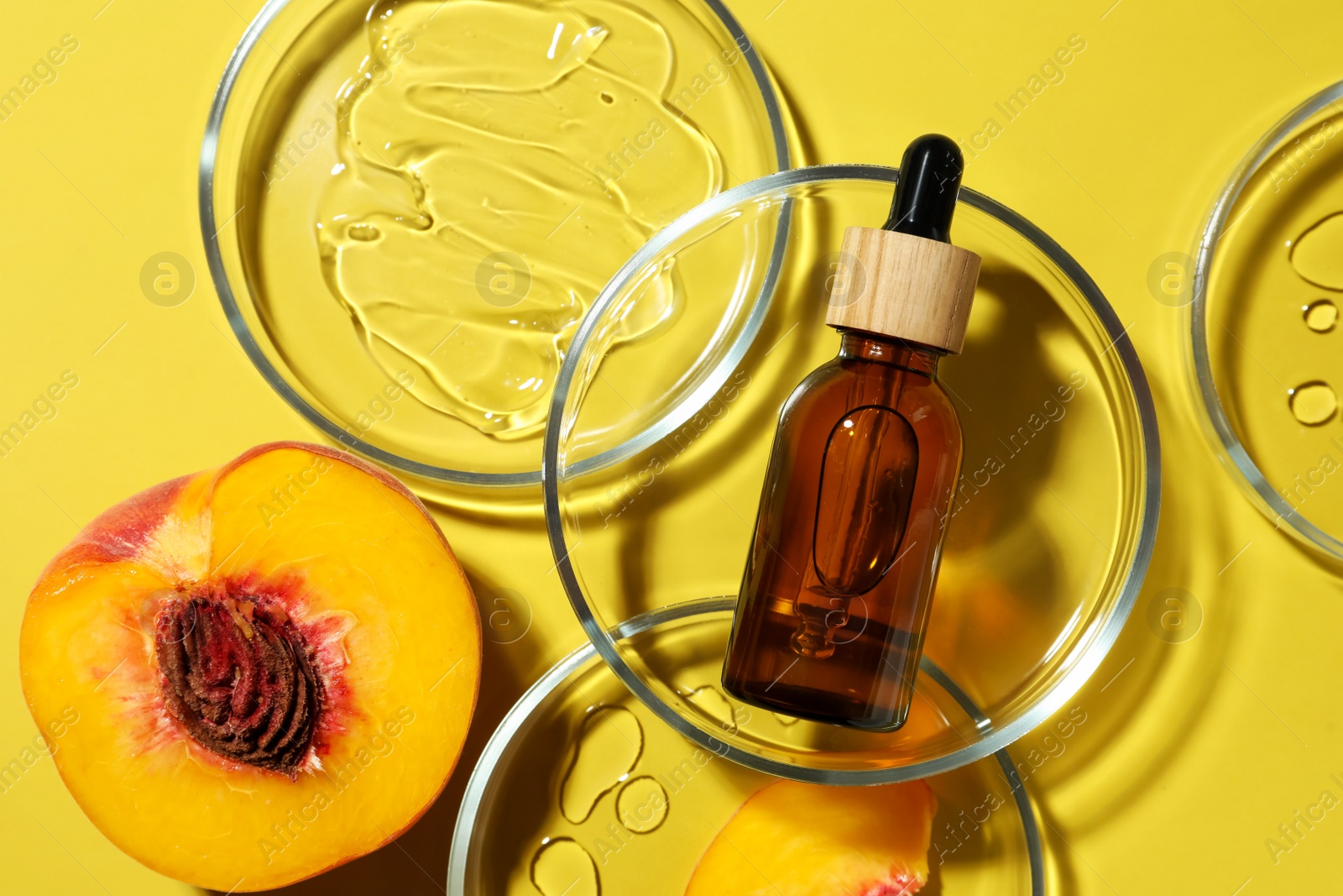 Photo of Flat lay composition with Petri dishes on yellow background