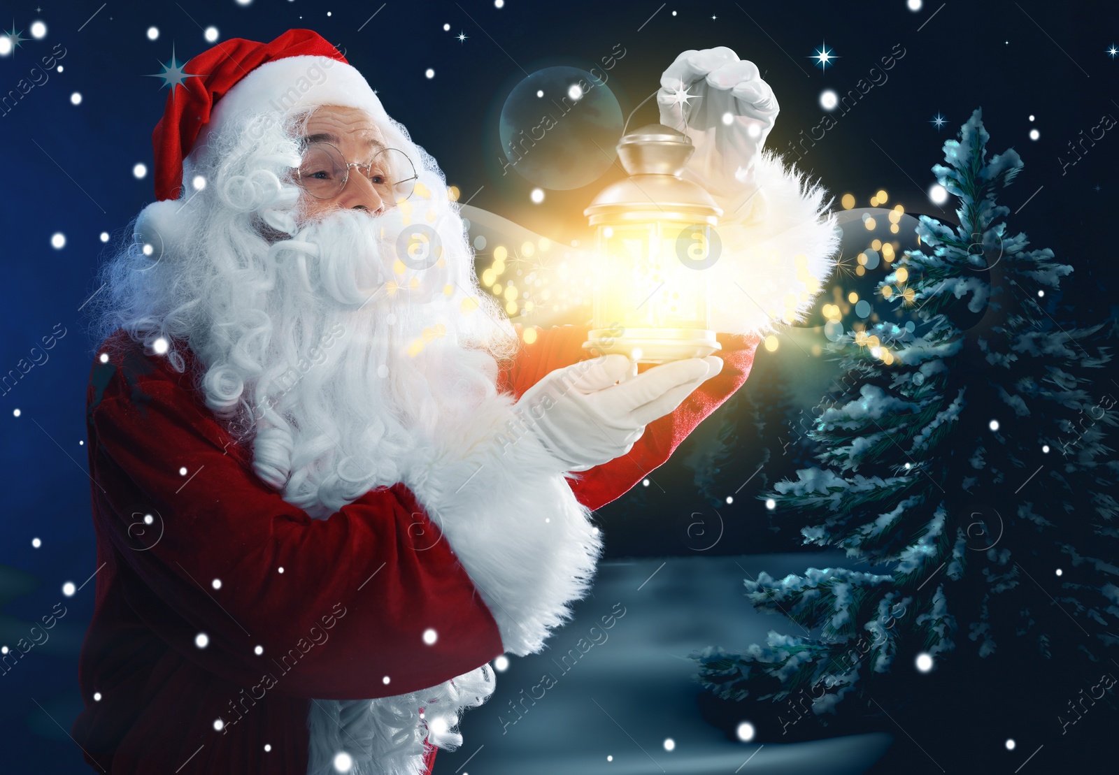 Image of Santa Claus with glowing lantern in winter forest. Christmas magic