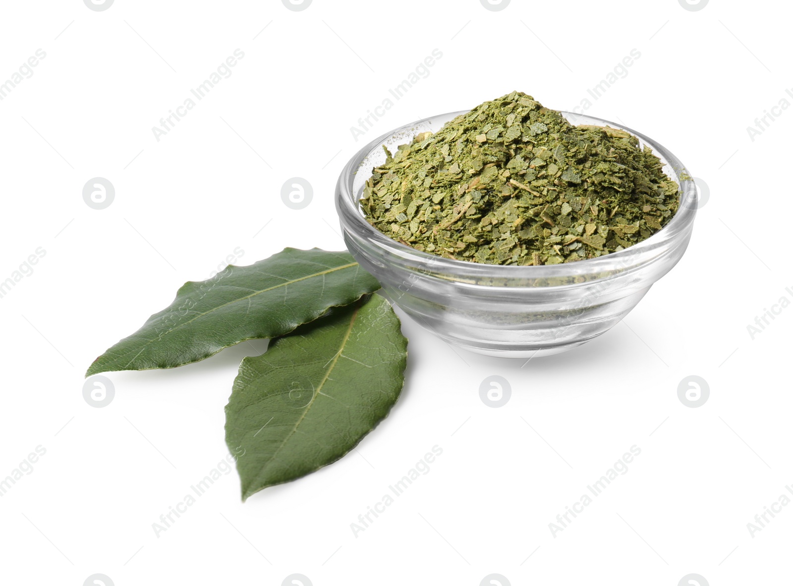 Photo of Bowl with ground and fresh bay leaves on white background