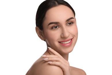 Portrait of beautiful young woman on white background