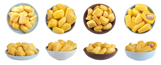 Delicious exotic jackfruit bulbs on white background. Banner design