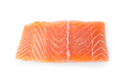 Photo of Fresh raw salmon on white background, top view. Fish delicacy