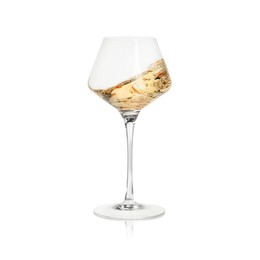 White wine splashing in glass on white background