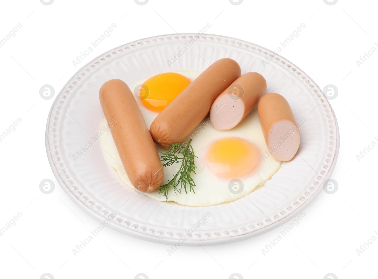 Photo of Delicious boiled sausages, fried eggs and dill isolated on white