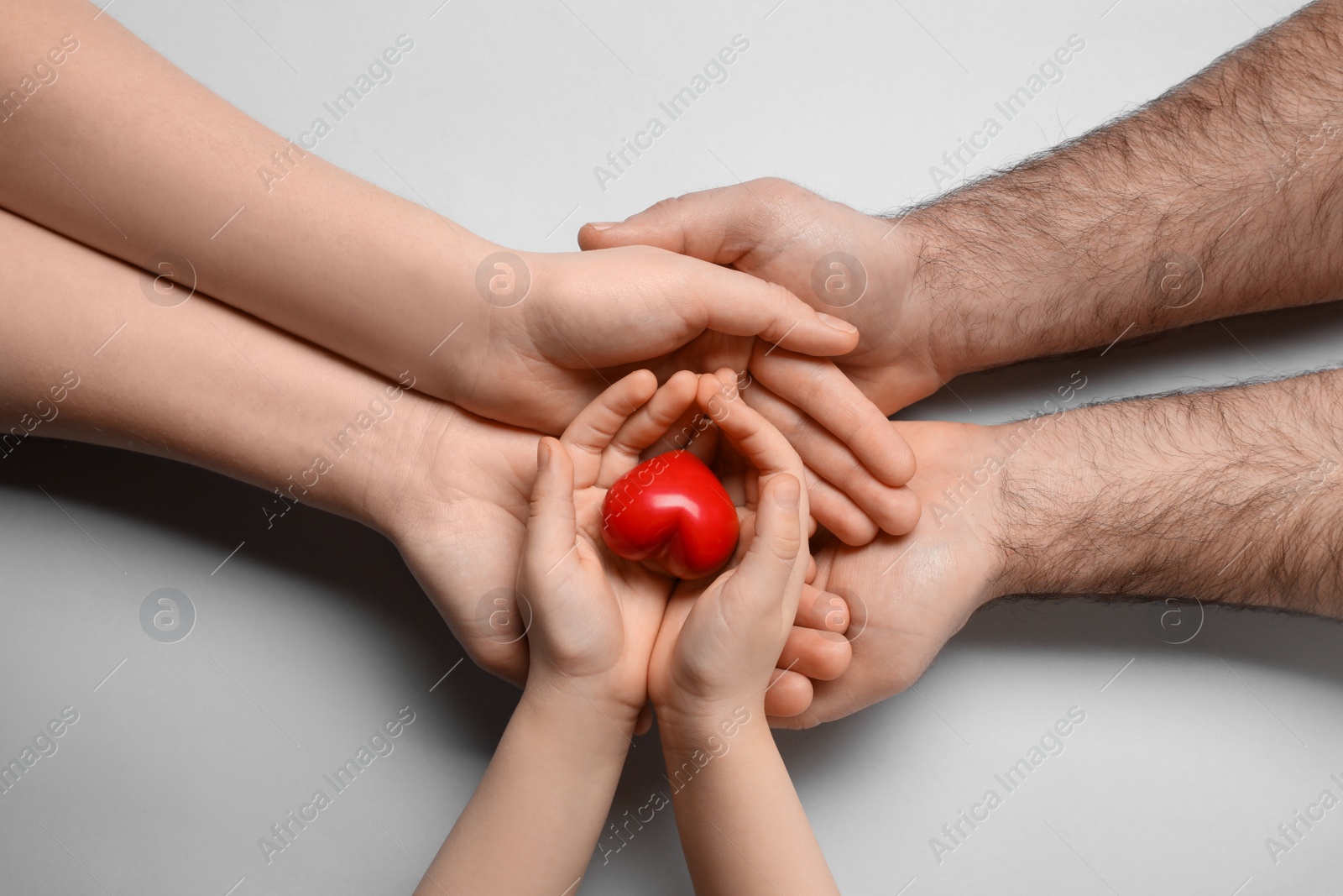 Photo of Parents and kid holding red heart in hands on light grey background, top view