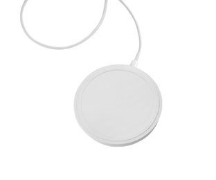 Photo of Wireless charger isolated on white, above view. Modern technology