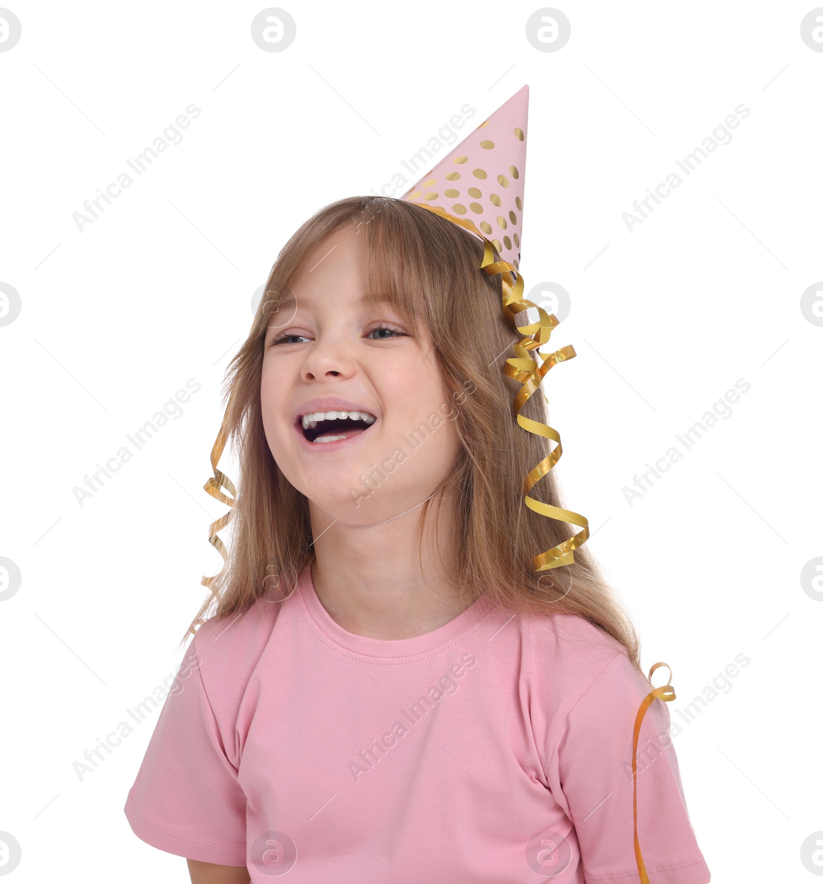 Photo of Cute little girl in party hat on white background