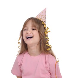 Cute little girl in party hat on white background